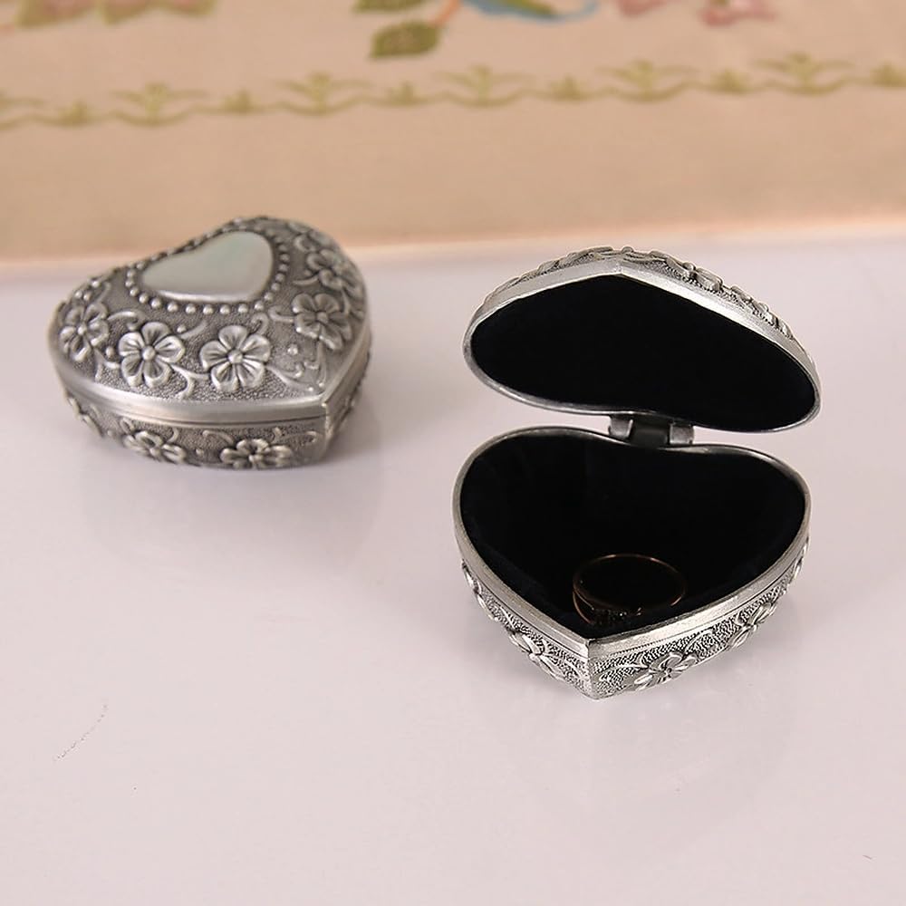 1PC Classic Vintage Antique Heart Shape Jewelry Box Ring Small Trinket Jewellery Storage Organiser Chest Christmas Gift, Silver - Medaid International