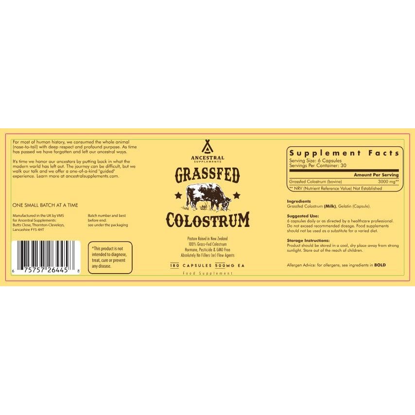 Ancestral Supplements Grass Fed Beef Colostrum Supplement, 3000 mg, Offers Immune Support and Promotes Gut Health, Athletic Performance, Healthy Iron Levels, Growth and Repair, Non GMO, 180 Capsules - Medaid International