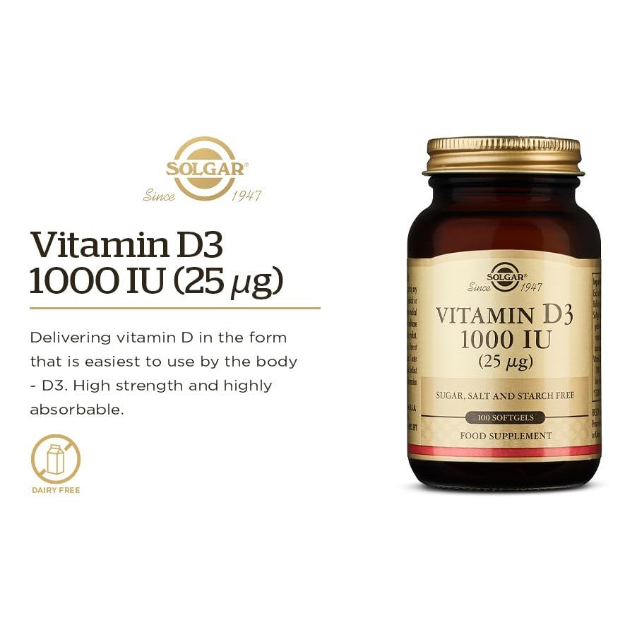 Solgar Vitamin D3 (Cholecalciferol) 25 mcg (1000 IU), 100 Softgels - Helps Maintain Healthy Bones & Teeth - Immune System Support - Non-GMO, Gluten Free, Dairy Free - 100 Servings - Medaid International