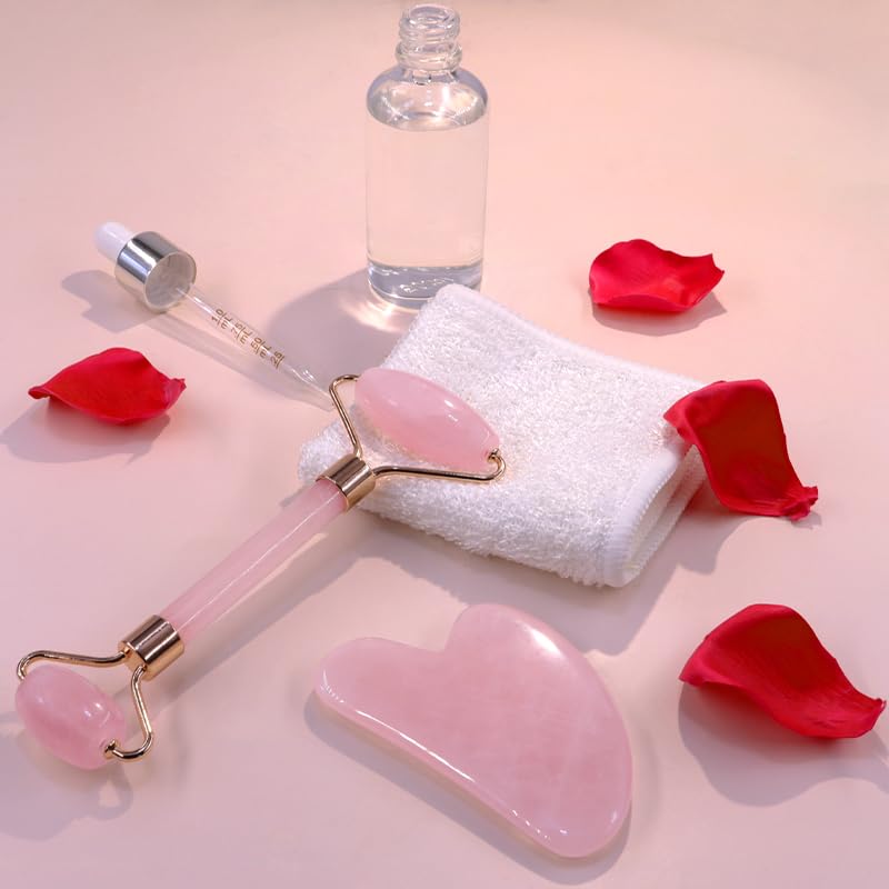 Face Roller & Gua Sha Facial Massage Tools for Skin Care, Puffiness Relief Redness Reducing Skin Care Routine, Self Care for Men Women - Pink - Medaid International