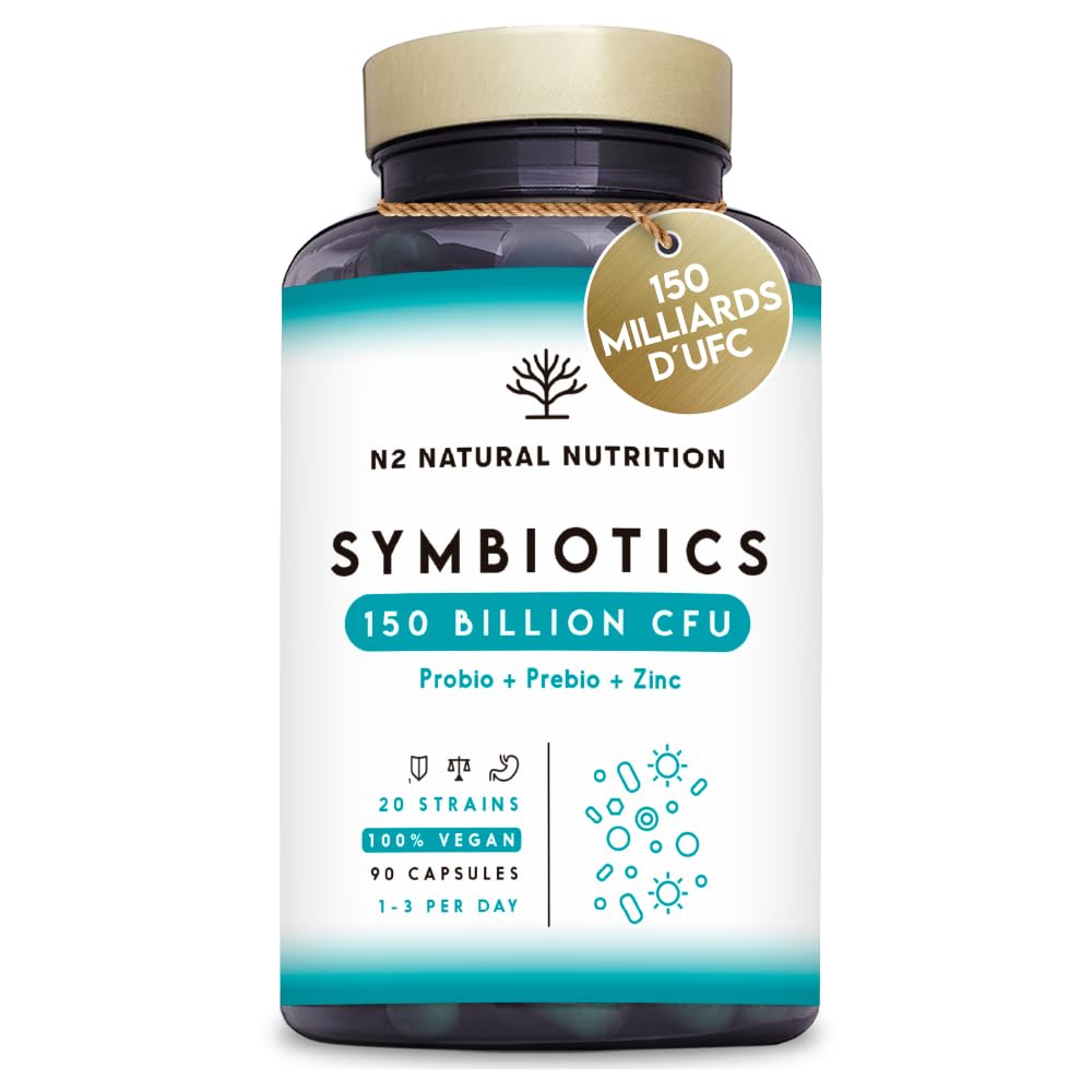 Probiotique Flore Intestinale 150 Milliards UFC, 20 Souches de Bactéries + Zinc + Inuline. Probiotiques pour la Régénération Digestive et Microbiote. 90 gélules, Végétalien. N2 Natural Nutrition - Medaid International