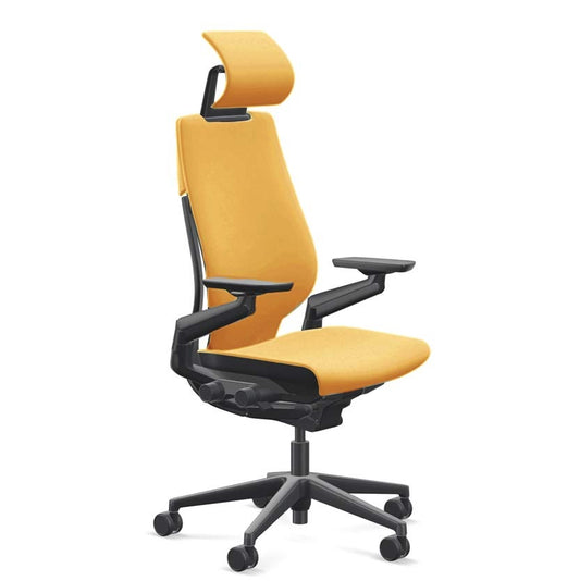 Steelcase Gesture Office Desk Chair with Headrest Plus Lumbar Support Cogent Connect Turmeric Honey 5S16 Fabric High Black Frame Hard Floor Casters - Medaid International