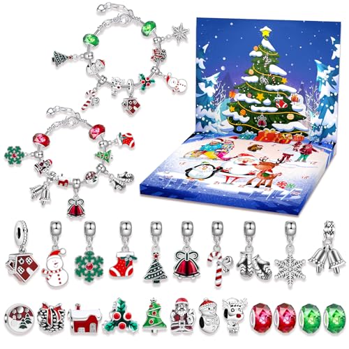 2025 Christmas Advent Calendar Bracelets for Girls 24 Days Xmas, Countdown Calendar DIY Jewelry Making Kit Gift, 22 Charm Beads 2 Bracelets for Kids Teens Women - Medaid International