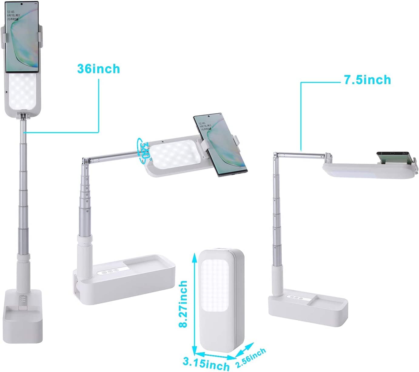 beyonday Foldable Phone Holder for Recording, Selfie Stand with Rechargeable LED Light&Wireless Remote Control 360° Rotatable Retractable Phone Stand for Video Recording/Live Streaming/Online Teaching - Medaid International