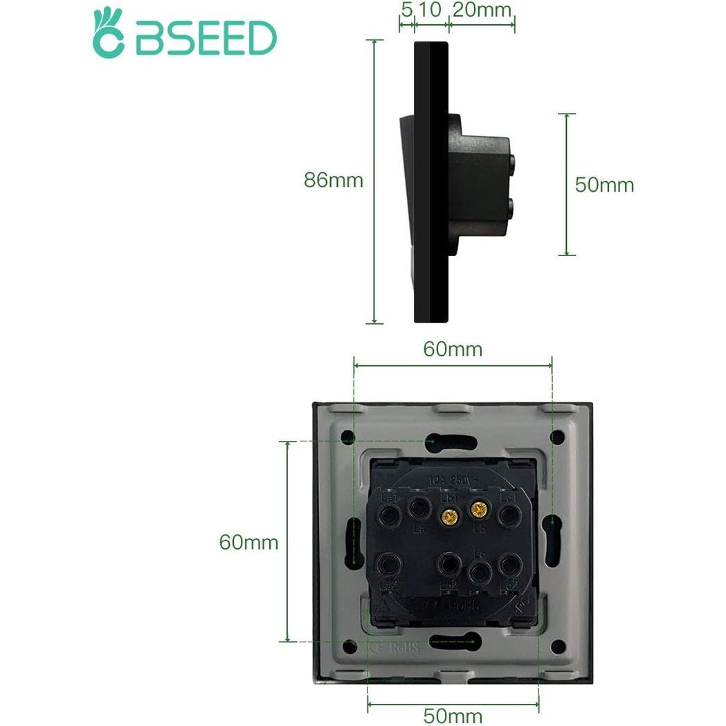 Bseed - Electrical Wall Light Switch with LED Backlight, Glass Faceplate, 10A Toggle
