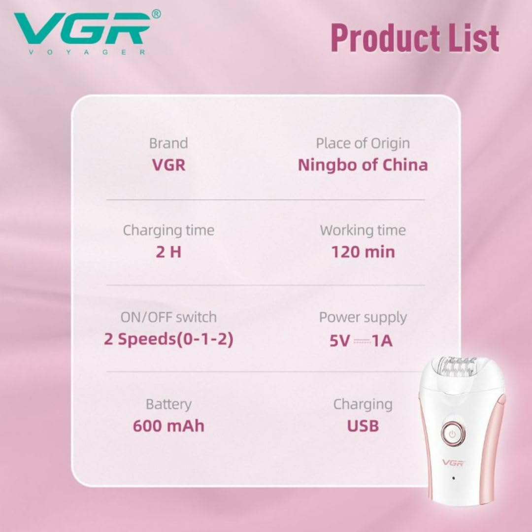VGR Compact Professional Cordless Women Epilator for different body areas for gentle hair removal V705 - Medaid International