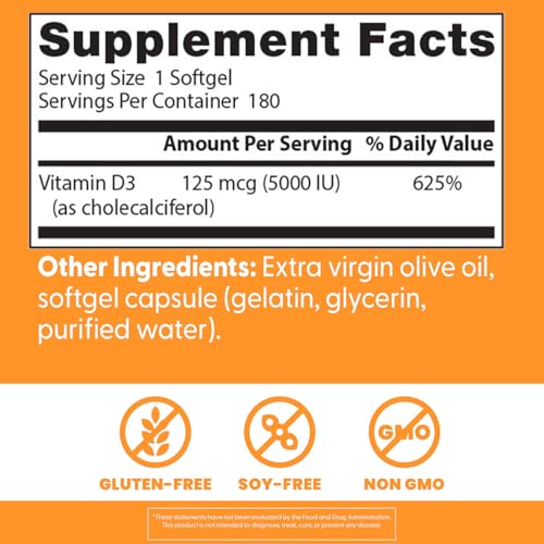 Doctor's Best Vitamin D3 5000IU, Non-GMO, Gluten & Soy Free, Regulates Immune Function, Supports Healthy Bones, White, No Flavour, 180 Count - Medaid International