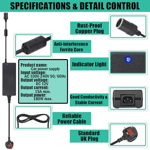 AC to DC Converter, 100V ~ 240V to 12V 15A 180W, Car Cigarette Lighter Socket AC/DC Power Supply Adapter Transformer for Tire Inflator, Car Refrigerator, Car Vacuum Cleaner, and Other Car Devices - Medaid International