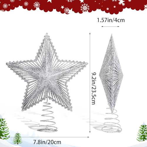 Glittering 5-Point Star Christmas Tree Topper, Sparkly Festive Red Star Ornament with Stable Base for Indoor Outdoor Party(Sliver) - Medaid International