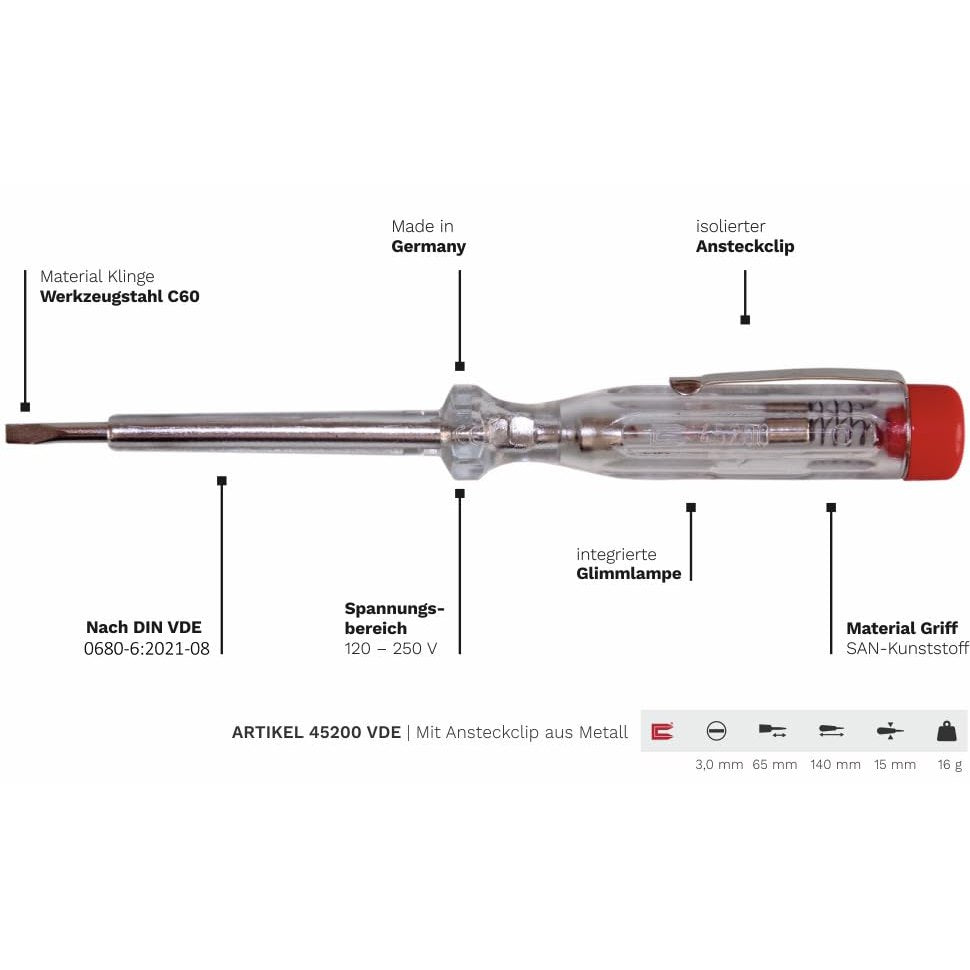 H+H 45200 45500 VDE Standard Tester 45200/45500 Voltage Tester/Phase Tester Set up to 250 V 4 Pieces (2X 45200 / 2X 45500) GS Tested 0680 Made in Germany, Transparent/red, 2X 140 mm / 2X 190 mm - Medaid International