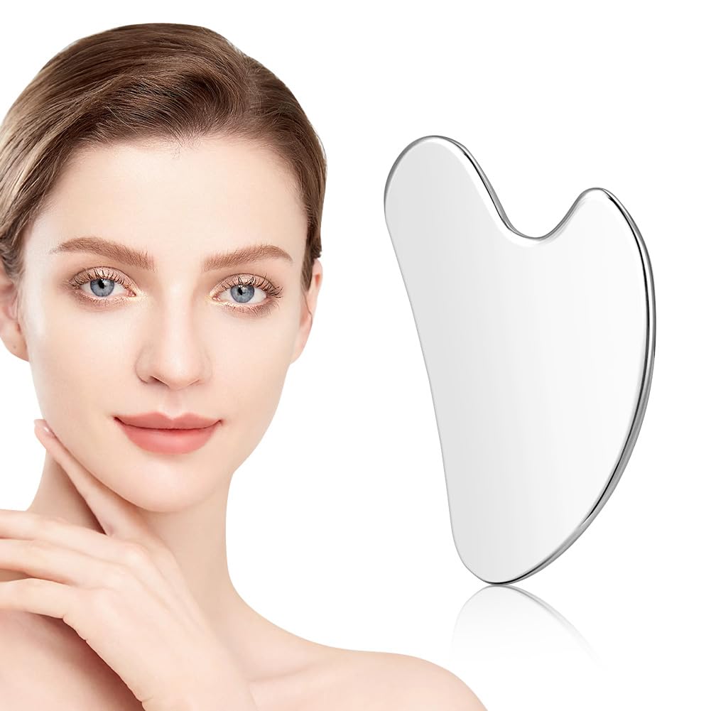 URAQT Stainless Steel Gua Sha Facial Tools Guasha Tools for Face Skin Care Body Gua Sha Tools Tighten Skin Massage Tools for Puffiness Reducing & Jawline Sculpting Face Stone Gua Sha Tools (Silver) - Medaid International