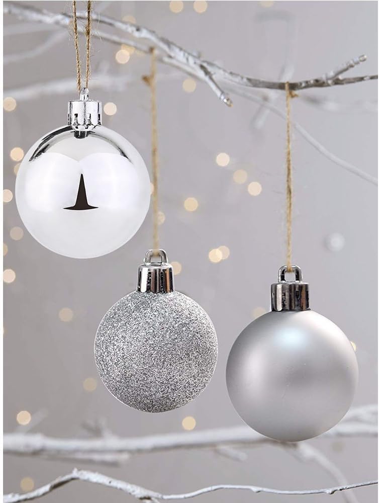 24Pcs Christmas Ornament Balls Set - 12 Glossy, 6 Matte & 6 Glittered Shatterproof Plastic Hanging Decorations for Xmas Tree (Silvery) Festive Holiday Decorative Accessories - Medaid International
