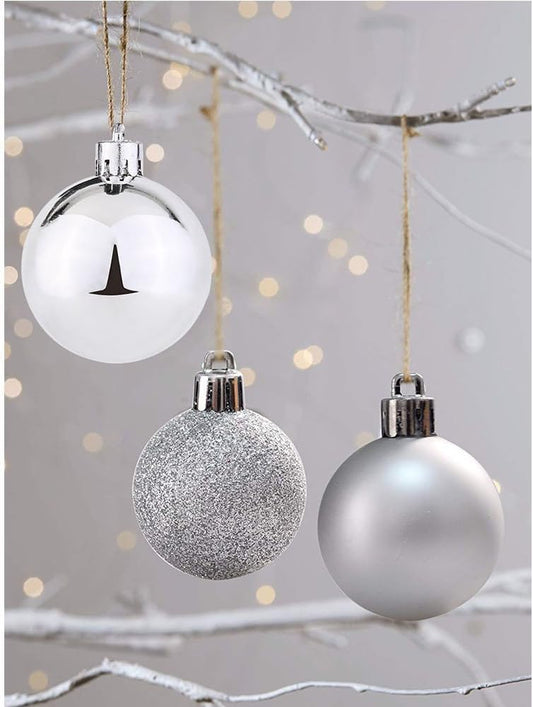 24Pcs Christmas Ornament Balls Set - 12 Glossy, 6 Matte & 6 Glittered Shatterproof Plastic Hanging Decorations for Xmas Tree (Silvery) Festive Holiday Decorative Accessories - Medaid International