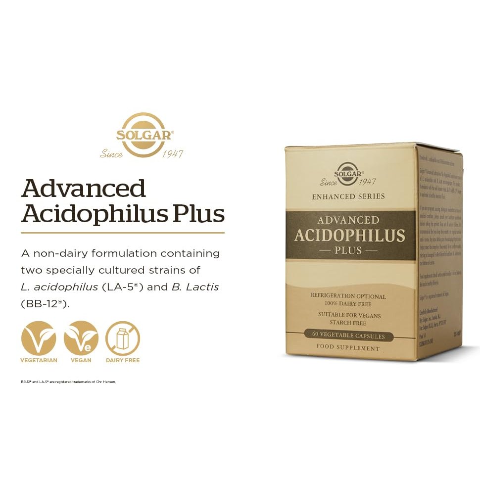 Solgar Advanced Acidophilus Plus, 60 Vegetable Capsules - Supports Healthy Intestinal Flora - 500 Million Microorganisms Per Serving - Gluten & Dairy Free - Vegetarian - 60 Servings - Medaid International