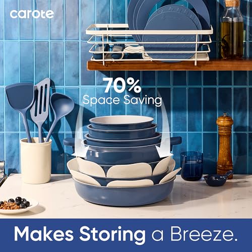 CAROTE 27pcs Ceramic Cookware Set Nonstick, Pots and Pans Set Non stick, Non Toxic Cookware, Dishwasher/Oven Safe, RV/Camping Cookware Set, Pan and Pot with Kitchen Utensils, Navy Blue|B0DPKB987C