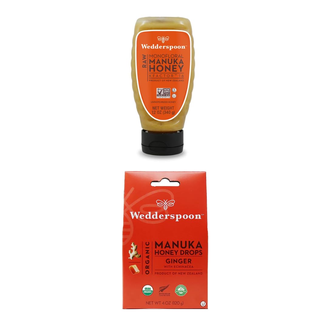 Bundle - Wedderspoon Raw Premium Manuka Honey KFactor 16 Squeeze Bottle (12 Oz) and Manuka Honey Drops, Ginger & Echinacea (4 Oz) - Medaid International