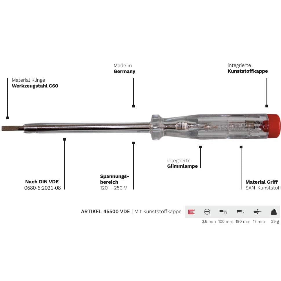 H+H 45200 45500 VDE Standard Tester 45200/45500 Voltage Tester/Phase Tester Set up to 250 V 4 Pieces (2X 45200 / 2X 45500) GS Tested 0680 Made in Germany, Transparent/red, 2X 140 mm / 2X 190 mm - Medaid International