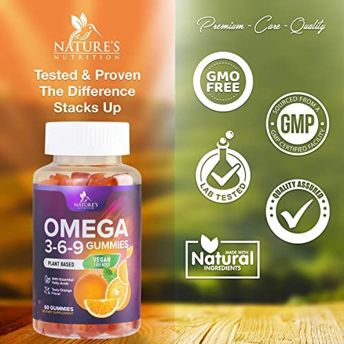 Omega 3 6 9 Vegan Gummies - Triple Strength Omega 3 Supplement Gummy - Essential Oil 369 Heart Support and Brain Support for Women, Men & Pregnant Women, Non-GMO, Orange Flavor - 60 Gummies - Medaid International
