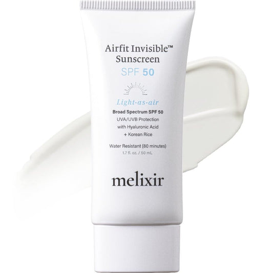 Melixir Airfit Invisible™ Sunscreen SPF 50, Broad Spectrum Korean Rice Sunscreen for Face, Hyaluronic Acid, Moisturizing Daily Protection for Sensitive Skin, No White Cast, Waterproof (1.7fl.oz./50ml) - Medaid International