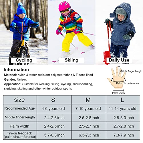 Qkurt - Kids Skiing Gloves, Warm Windproof Mittens for 4-14 Years, Cold Weather Protection
