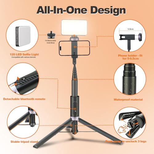 Peyou - 57" Portable Selfie Stick Tripod with Detachable Fill Light & Bluetooth Remote