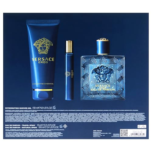 Versace Eros for Men 3 Pc Gift Set - 3.4oz EDP, 0.3oz Travel Spray, 5oz Shower Gel - Bold, Long-lasting Fragrance - Medaid International