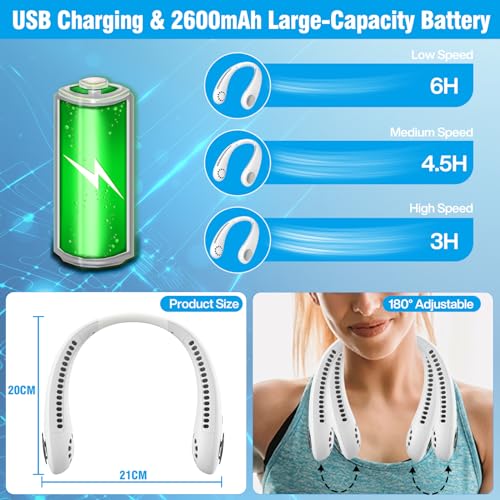 Auokai - 360° Cooling Neck Fan with 2600 mAh Battery, 3 Speed, Portable Design