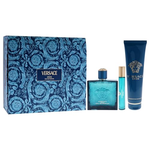 Versace Eros for Men 3 Pc Gift Set - 3.4oz EDP, 0.3oz Travel Spray, 5oz Shower Gel - Bold, Long-lasting Fragrance - Medaid International