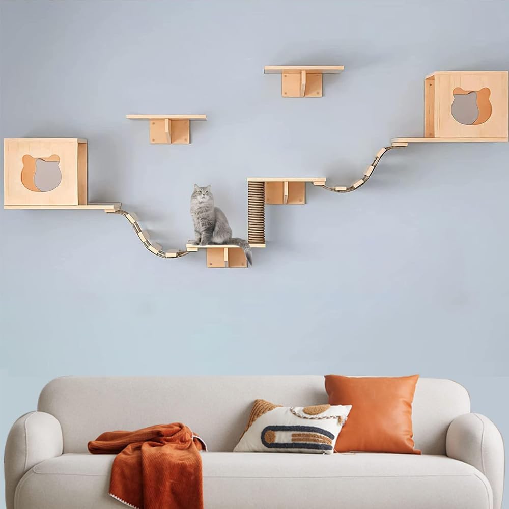 NeoStyle 9 Pcs Wall Shelf Set - Cat Furniture With 4 Shelves, 2 Houses, 2 Ladders and Scratching Post - Floating Wooden Climbing Perch - Medaid International