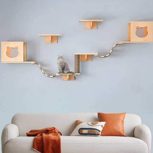 NeoStyle 9 Pcs Wall Shelf Set - Cat Furniture With 4 Shelves, 2 Houses, 2 Ladders and Scratching Post - Floating Wooden Climbing Perch - Medaid International