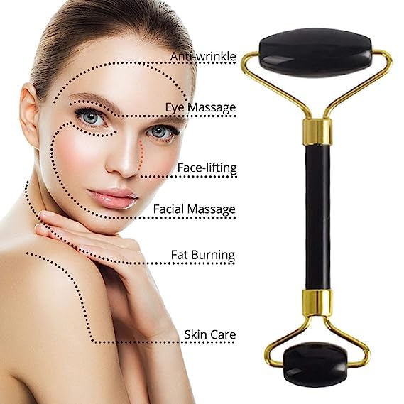 Black Obsidian Jade Facial Roller & Gua Sha Set 100% Natural Source from Highest Altitude of Himalayan Two-Sided Face Neck Massager Stone Beauty Tool - Medaid International