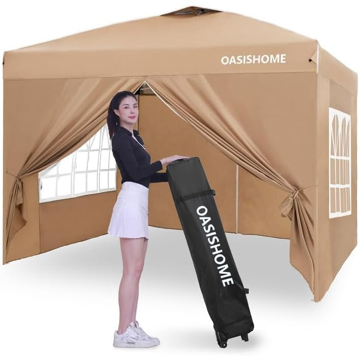 OASISHOME Pop-up Gazebo Instant Canopy Tent 10'x10', with 4 Sidewalls, Windows, Wheeled Bag, for Patio/Outdoor/Wedding Parties and Events (10FTx10FT, Khaki) - Medaid - Lebanon