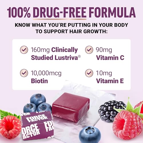 Force Factor Hair Growth Accelerator Soft Chews, Hair Growth Vitamins for Women and Men with Clinically Studied Lustriva and Biotin, Promotes Thicker, Fuller, Stronger Hair, Mixed Berry, 60 Soft Chews - Medaid International
