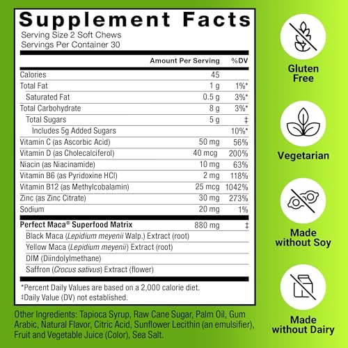 FORCE FACTOR Perfect Maca, Maca Root and DIM Supplement with Saffron to Boost Energy and Mood, with Yellow and Black Maca, Vitamins, Minerals, and Antioxidants, Dark Cherry Flavor, 60 Soft Chews - Medaid International