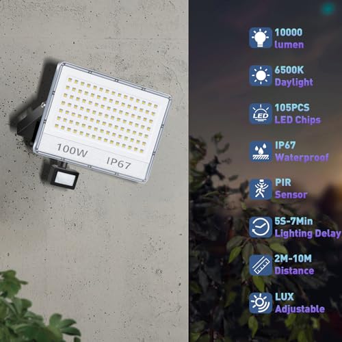 ANNIFUNLY - 2 Pack 100W LED Outdoor Floodlight With Motion Sensor, 10000LM