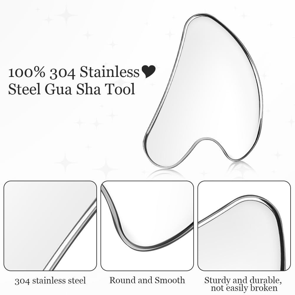 URAQT Stainless Steel Gua Sha Facial Tools Guasha Tools for Face Skin Care Body Gua Sha Tools Tighten Skin Massage Tools for Puffiness Reducing & Jawline Sculpting Face Stone Gua Sha Tools (Silver) - Medaid International