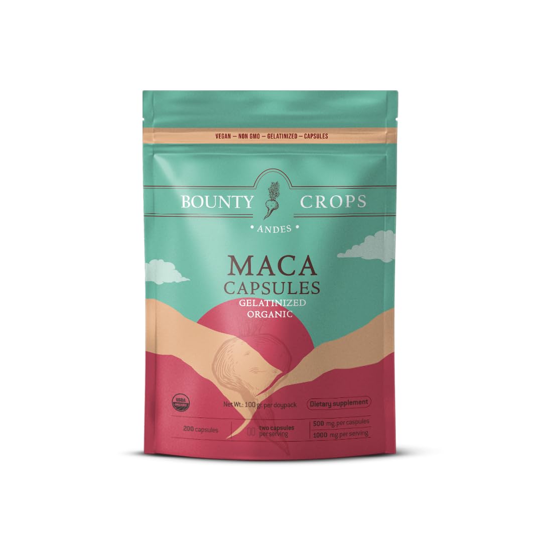 Bounty Crops Organic Maca Powder CAPSULES-1000 mg per Serving, Gelatinized, Non-GMO, 200 Vegan Capsules, Black, Red, and Yellow Peruvian Maca, Energy and Vitality Support. - Medaid International