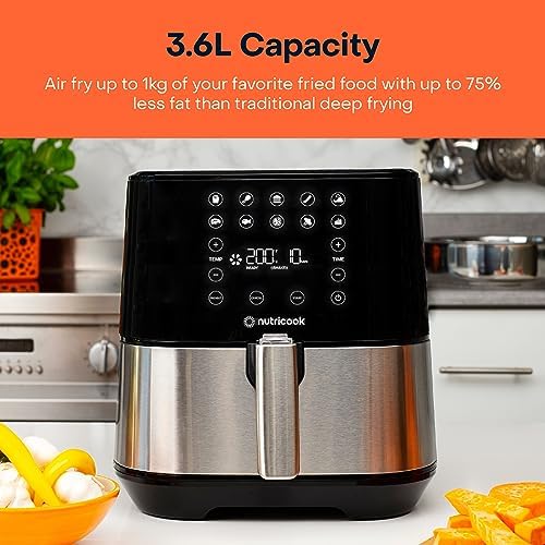 Nutricook Air Fryer 2, 1500 Watts, Digital Control Panel Display, 10 Preset Programs With Built-In Preheat Function, 3.6 Liters, BrUSh Stainless Steel/Black, 2 Years Warranty - Medaid