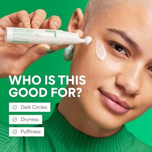 innisfree Green Tea Caffeine Depuffing Eye Serum with Niacinamide, Cooling Korean Eye Roll-On for Hydration and Brightening - Medaid International