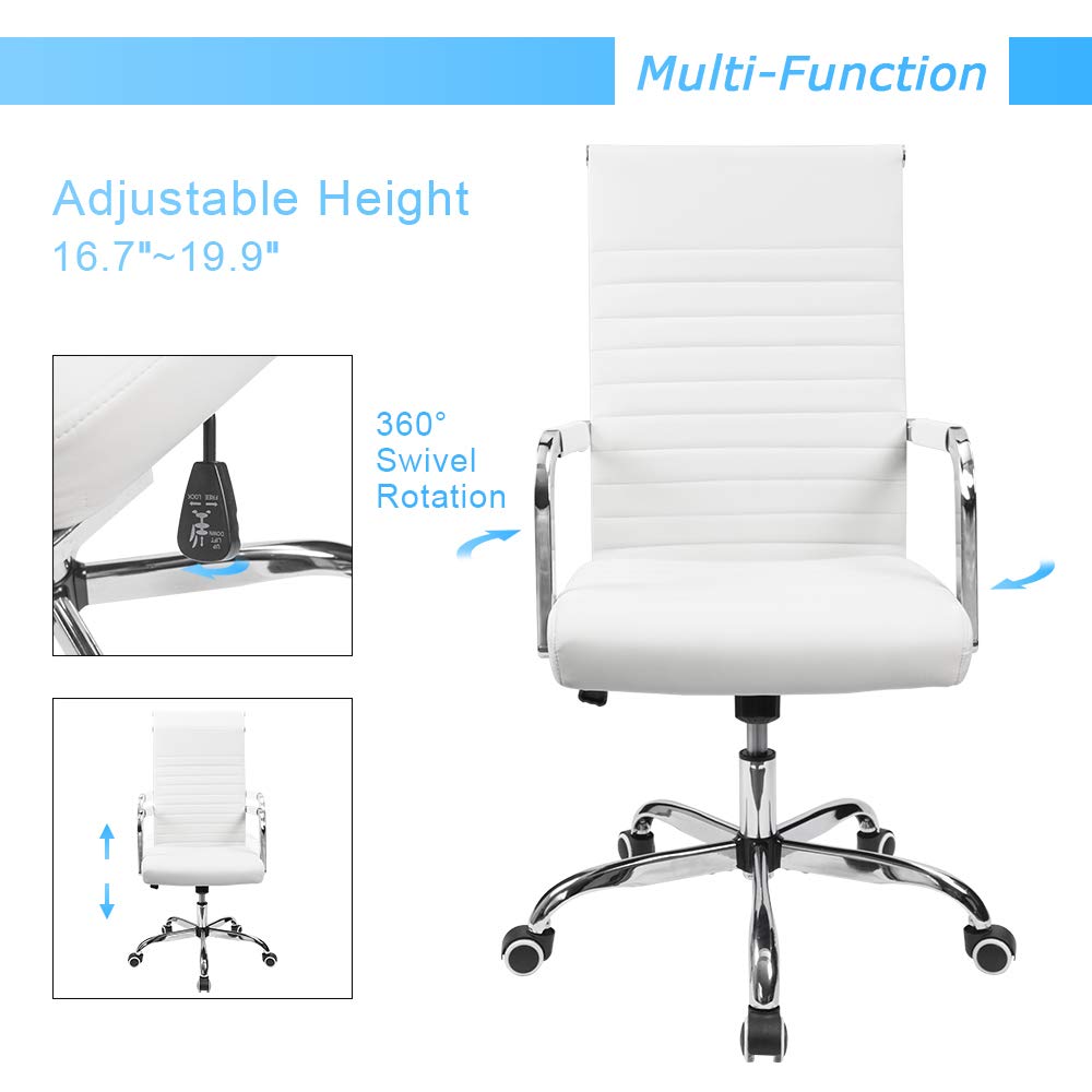 Furmax Ribbed Office Desk Chair Mid-Back PU Leather Executive Conference Task Chair Adjustable Swivel Chair with Arms (White) - Medaid International