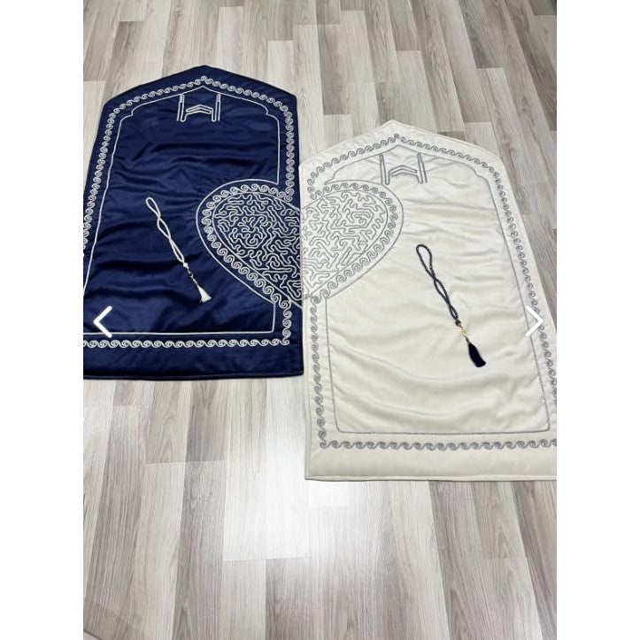 Muslim Prayer Rug for Couples, Praying Mat Set for Women & Men, Heart Patterned, Soft, Prayer Beads, Islamic Gifts for Ramadan Eid Valentines Day, Two Pieces at Special Box (Dark Blue Cream 2) - Medaid International