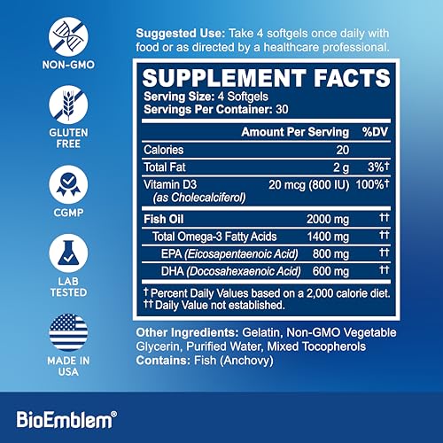 BioEmblem Omega-3 Fish Oil 2000mg - Small Size Softgels, High Absorption Form, Sustainable - 1400mg EPA &DHA Plus Vitamin D3, Non-GMO, Heart, Joint, & Brain Health Fish Oil Supplement, 120 Ct - Medaid International