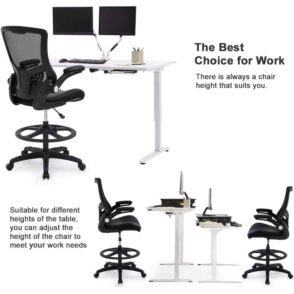 Drafting Chair Ergonomic Tall Office Chair Standing Desk Chair with Flip Up Arms Foot Rest Back Support Adjustable Height Mesh Drafting Stool, Black - Medaid International