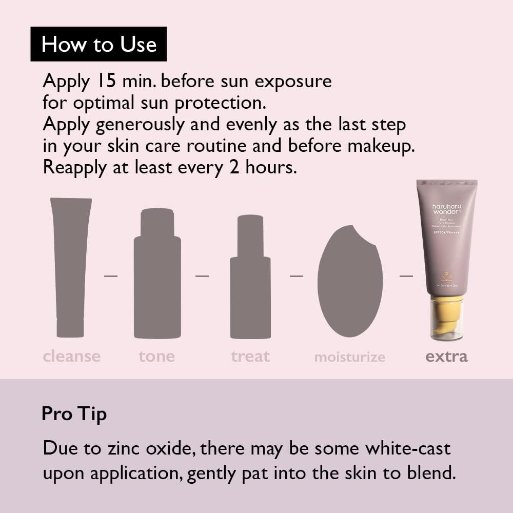 Haruharu Wonder Black Rice Pure Mineral Relief Daily Sunscreen, SPF50+/PA++++, Broad Spectrum UVA/UVB, Octinoxate & Oxybenzone Free, Hyaluronic Acid, Niacinamide (50ml / 1.69fl.oz) - Medaid International