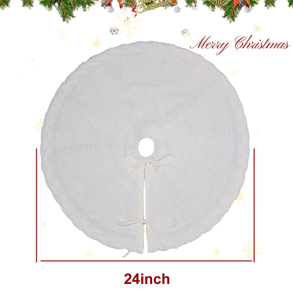 PUKUPIG 24 Inch White Knitted Small Christmas Tree Skirt, Chunky Cable Knit with Braided Scalloped Edge, Perfect for Xmas Holiday Decorations - Medaid International