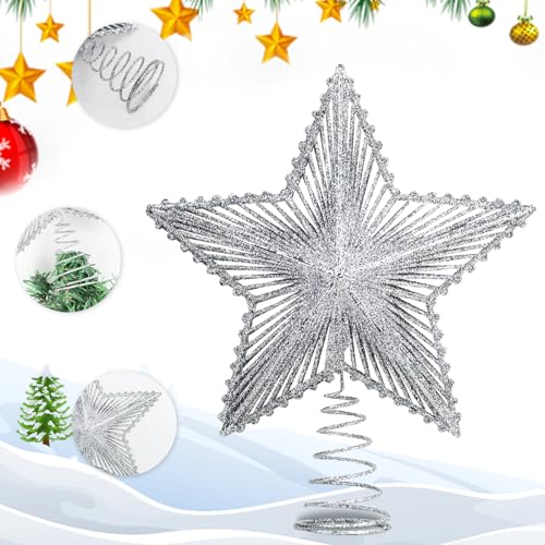 Glittering 5-Point Star Christmas Tree Topper, Sparkly Festive Red Star Ornament with Stable Base for Indoor Outdoor Party(Sliver) - Medaid International