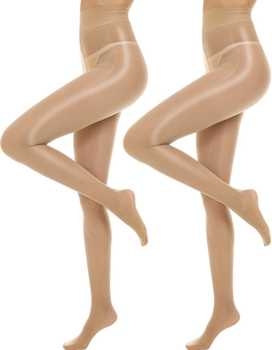 MANZI Shiny Pantyhose for Women 2 Pairs Shimmer Sheer Tights Ultra Silky Natural Large-X-Large - Medaid International