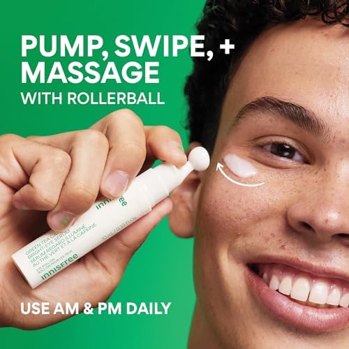 innisfree Green Tea Caffeine Depuffing Eye Serum with Niacinamide, Cooling Korean Eye Roll-On for Hydration and Brightening - Medaid International