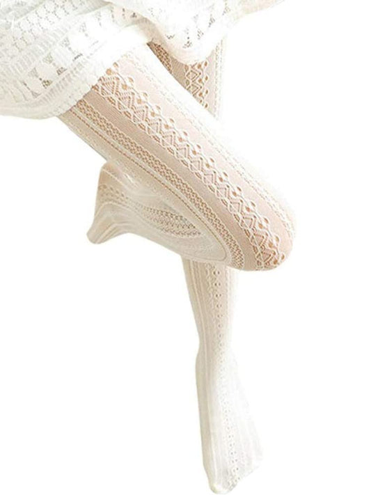 SurBepo Women Fishnet Hollow Out Knitted Patterned Thick Warm Stockings Tights Vertical Strips Pantyhose For Female(A-White,One Size) - Medaid International