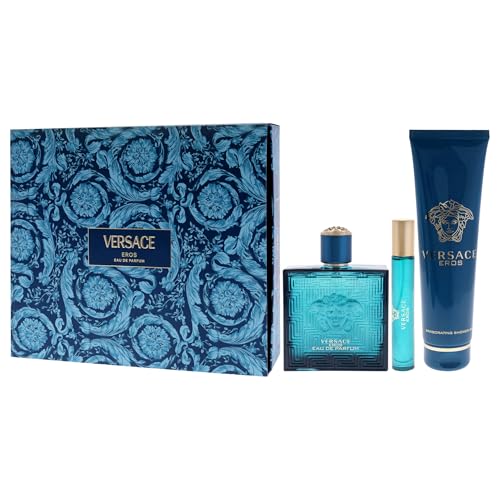 Versace Eros for Men 3 Pc Gift Set - 3.4oz EDP, 0.3oz Travel Spray, 5oz Shower Gel - Bold, Long-lasting Fragrance - Medaid International